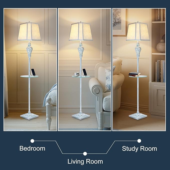 Vintage Floor Lamp with Night Light and Glass Tray, 65" High Retro Standing Lamp with Washed Blue Finish and White Linen Shade, Farmhouse Tall Lamp Decor for Living Room Bedroom House (Bulb Included) - Bloomnest