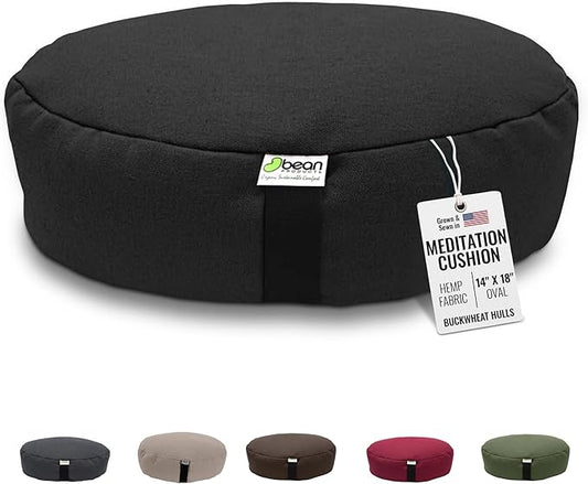 Bean Products Hemp Zafu Meditation Cushion for Sitting on Floor, Hemp Yoga Pillow, Zafu Meditation Pillow, Zen Seiza Kneeling Prayer Pad Support - Made in USA - Oval Black