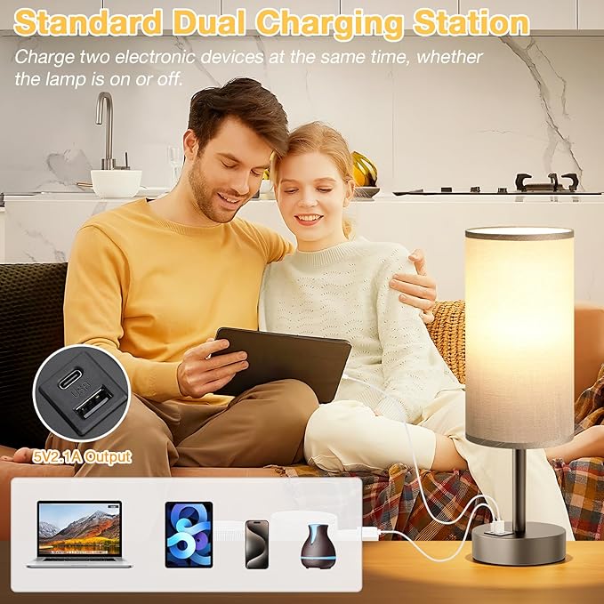 Small Touch Bedside Lamp with USB - 3 Way Dimmable Grey Table Lamp for Bedroom, Nightstand Lamp with Charging Station for Desk Dorm, Office - Bloomnest
