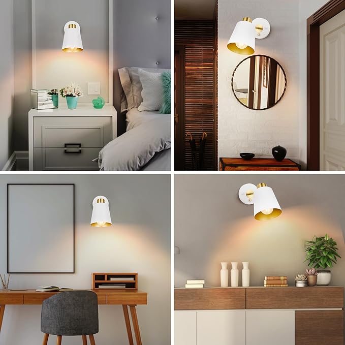 Plug in Wall Sconces, Dimmable Wall Sconces Adjustable Wall Lights with Plug in Cord and Dimmer On/Off Knob Switch, White Wall Mounted Light for Bedroom Bedside Stairway(2 Pack, 2 Bulbs) - Bloomnest