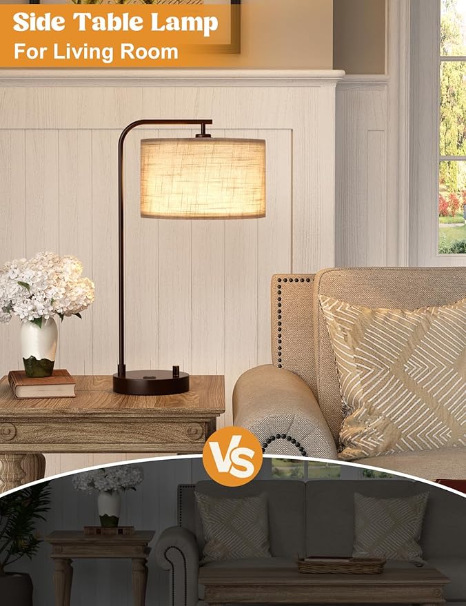 Innqoo Gray Tall Table Lamp with USB Port and Outlet, Dimmable Nightstand Bedside Lamps with Linen Lampshade, Desk Lamp for Bedroom, Living Room, Guest Room, Home Office, LED Bulb Included - Bloomnest