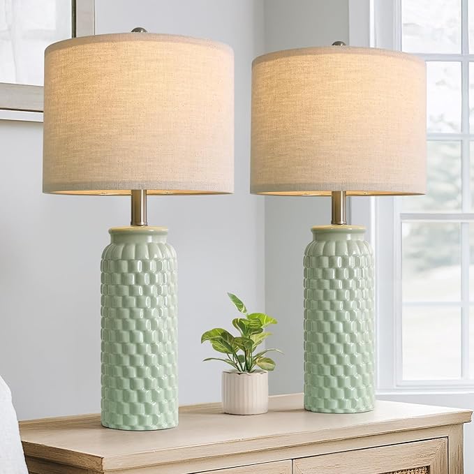 24" Modern Ceramic Green Bedside Lamp Set of 2 Table Lamp for Bedroom Decor Farmhouse Table Lamp for Living Room Office Dorm - Bloomnest