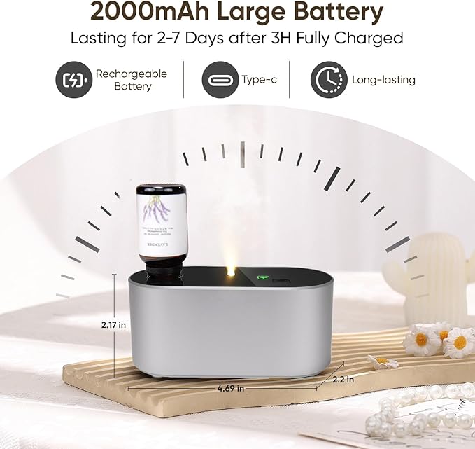 Waterless Diffuser for Essential Oil, Battery Operated Scent Air Aromatherapy Diffuser, Mini Aroma Diffusers with 3 Intermittent Mist Modes, Cycle Start for Home Office Bedroom - Silver - Bloomnest