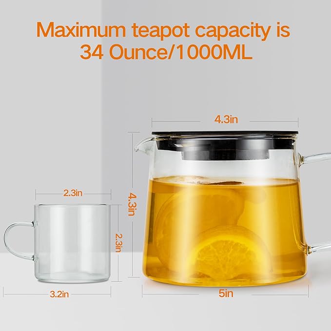 Glass Teapot 34oz/1000ml with 4 Pack Tea Cups Gift Set, Removable Stainless Steel Infuser Tea pot, Heatproof Borosilicate Glass Tea Make, Stovetop Safe Glass Tea Kettle for Loose - Bloomnest