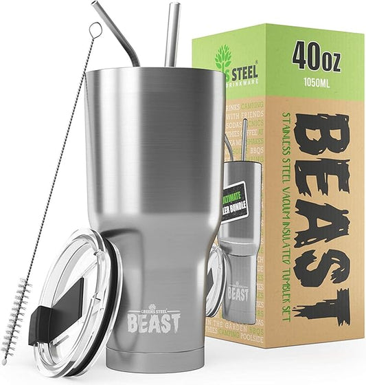Beast 40 oz Tumbler Stainless Steel Vacuum Insulated Coffee Ice Cup Double Wall Travel Flask (Stainless Steel) - Bloomnest