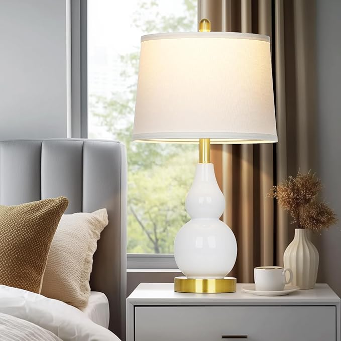 25" Ceramic Table Lamps Set of 2, Modern Double Gourd Ceramic Table Lamp for Living Room，White Rustic Farmhouse Bedside Nightstand Lamps with Fabric Shades for Bedroom Desk End Table Home Office Decor - Bloomnest