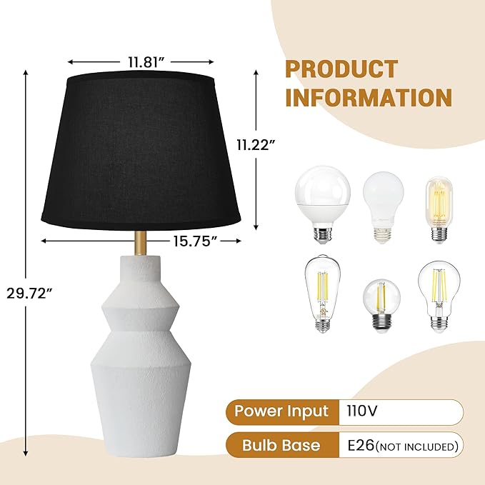 29.7" Modern Table Lamp, Single Farmhouse Rustic Bedside Lamp, White Cement lamp Base with Black Linen Shade, for Bedroom, Living Room Office Kids - Bloomnest
