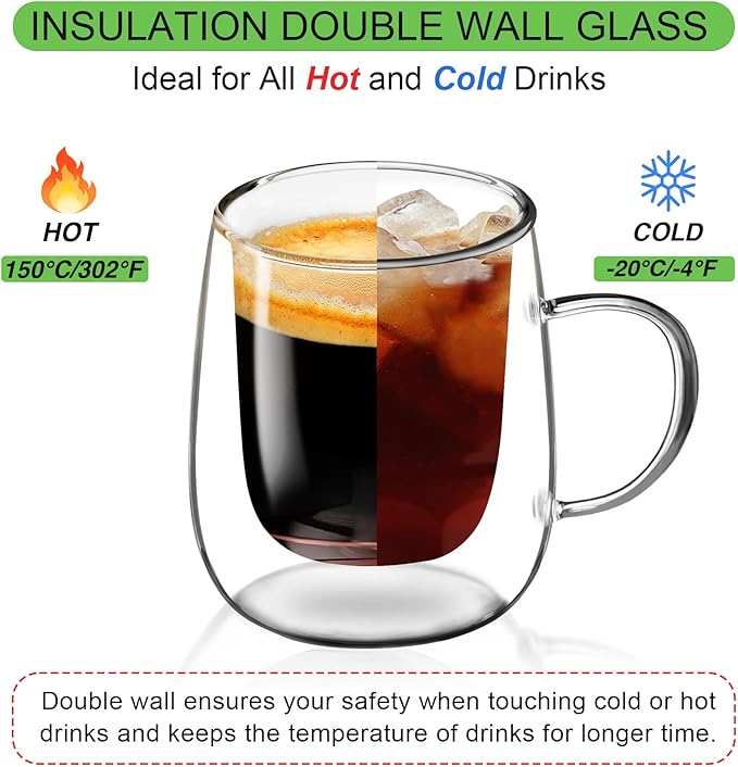 Glass Coffee Cups Set of 2, 13oz Double Walled Glass Mugs with Handles, Clear Insulated Coffee Mug Espresso Cups, Cappuccino Latte Tea Cups Set, Heat Resistant Borosilicate Clear Glasses - Bloomnest