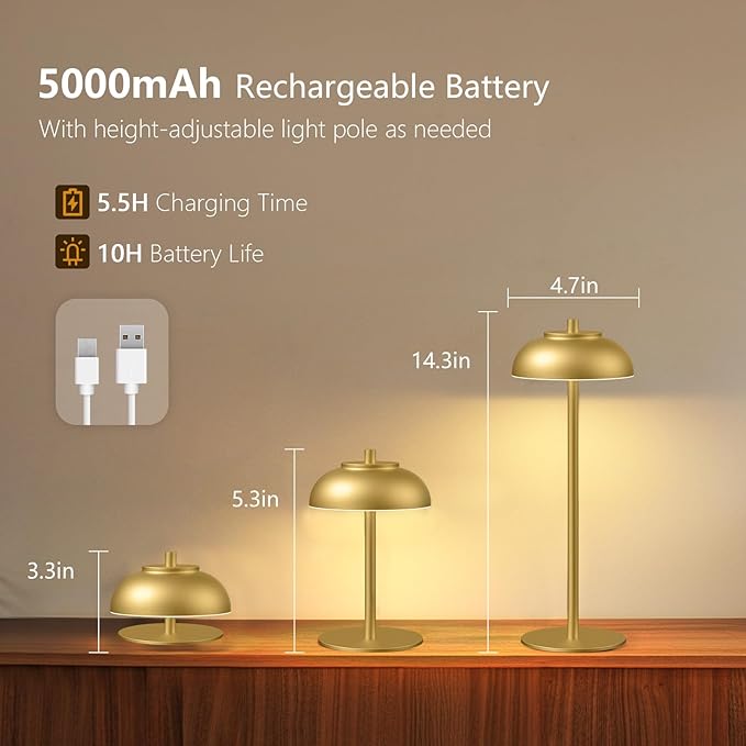 2 Pack Led Cordless Table Lamp: Modern Portable Desk Lamp for Indoor/Outdoor Use, 3 Color Dimming Rechargeable Battery Lights for Dining Room, Living Room, Patio, Camping(Gold) - Bloomnest