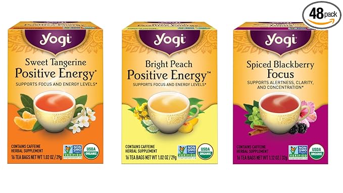 Yogi Tea - Morning Energy Variety Pack (3 Pack) Includes Peach Bergamot Bright Day, Sweet Tangerine Positive Energy, Spiced Blackberry Focus - 48 Organic Tea Bags - Bloomnest