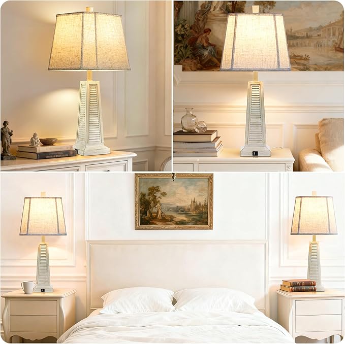 25.94'' Vintage Table Lamp Traditional Bedside Lamp with 2 USB Ports Rustic Farmhouse Nightstand Lamp with Linen Lampshade Desk Lamp for Living Room Bedroom, 9W Bulb Included - Bloomnest