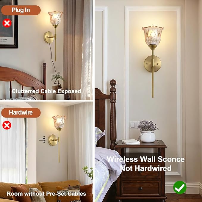 2 Pack Battery Operated Wall Sconce with Amber Glass Lampshade, Mid Century Bathroom Vanity, Wireless Rechargeable RGB Wall Light with Remote Control, for Bedroom Mirror Living Room - Bloomnest