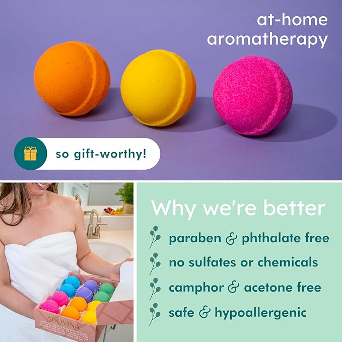 Natural Bath Bombs for Women & Men – Handmade in USA Gift Set with Essential Oils, Shea Butter & Epsom Salt – Non Toxic Spa Bath Bombs for Sensitive Skin – Anovina Relaxation Gift - Bloomnest
