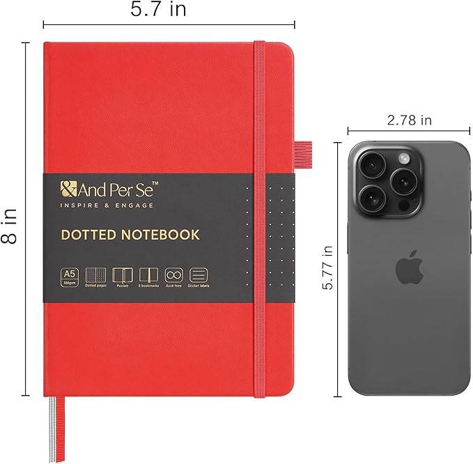 &And Per Se Dotted Journal Notebook, A5 Hardcover Leather Bullet Dotted Journal, 160 Pages 100 gsm Thick Paper, 3 Sheets of Stickers Included - 5.7'' x 8''（Red）