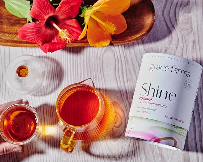 Shine Wellness Organic Tea Blend (100 Enveloped Pyramid Sachets w/String & Tag) | Rooibos, Rosehips, Hibiscus, Tulsi, Haritaki | Fairtrade and Kosher | Gives Back 100% of Profits - Bloomnest