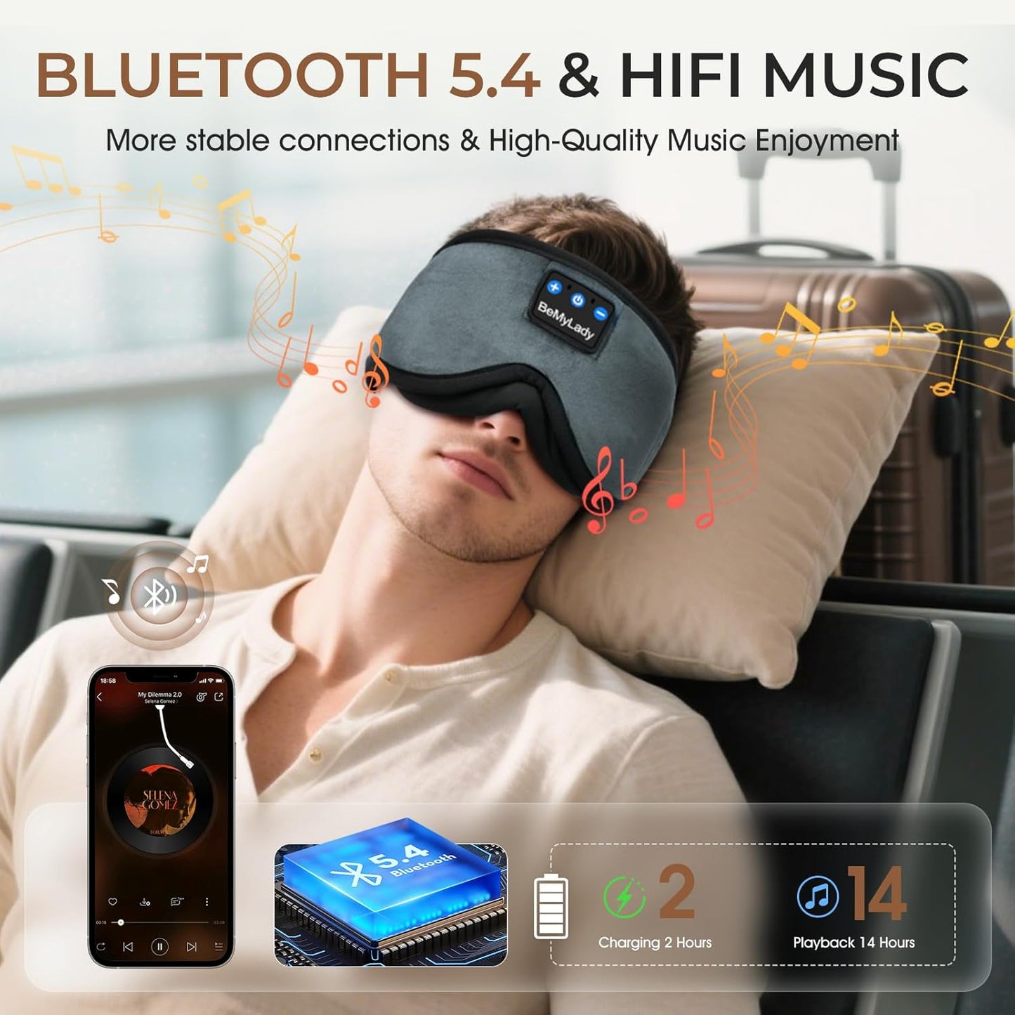 Sleep mask Headphones,100% Blackout 3D Zero Eye Pressure Bluetooth Sleep mask Breathable Eye mask with Bluetooth Headphones Sleep Headphones for Side Sleepers, 14H Playtime&Bluetooth 5.4 Grey