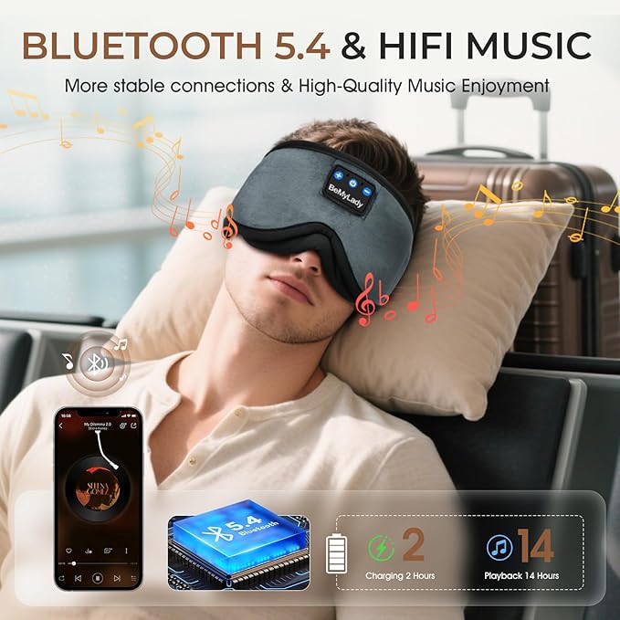 Sleep mask Headphones,100% Blackout 3D Zero Eye Pressure Bluetooth Sleep mask Breathable Eye mask with Bluetooth Headphones Sleep Headphones for Side Sleepers, 14H Playtime&Bluetooth 5.4 Grey - Bloomnest