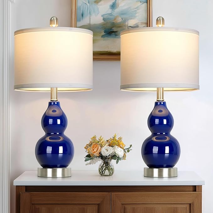 22" Double Gourd Ceramic Table Lamps Set of 2, Navy Blue Modern Bedside Lamps for Living Room, Contemporary Nightstand Desk Lamps for Bedroom End Table Home Office Decor(2 LED Bulbs Included) - Bloomnest