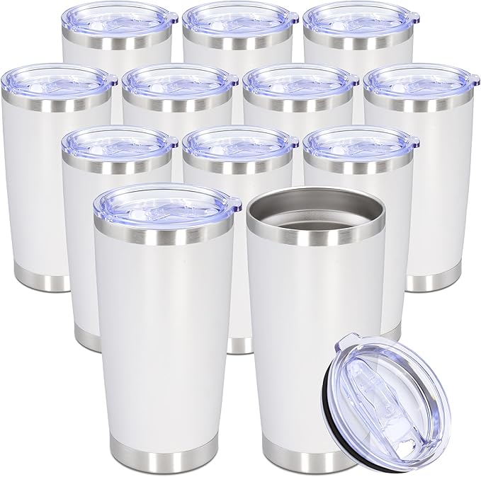 20oz Tumbler Bulk Stainless Steel Tumbler Cup with Lid Vacuum Insulated Double Wall Travel Mug, Durable Powder Coated Travel Coffee Tumbler Mug for Hot & Cold Drinks, White,12 Pack