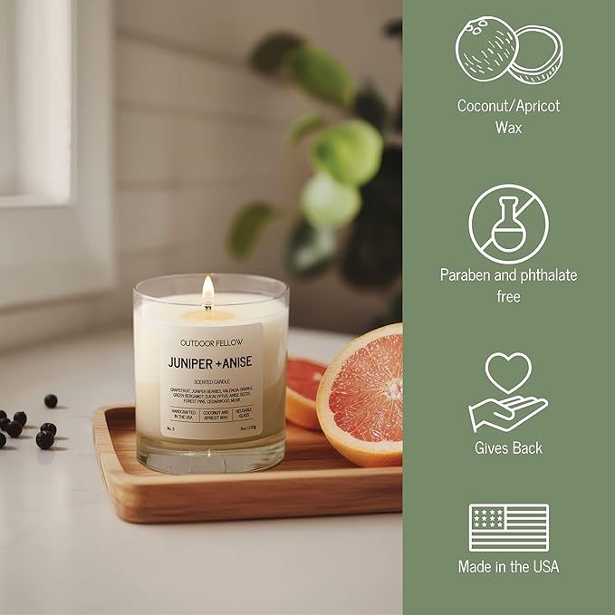 Outdoor Fellow Juniper + Anise Scented Candle, 8oz, Coconut & Apricot Wax Blend, Juniper Berry, Zesty Grapefruit, Citrus Peel, Reusable Glass, 40-50 Hour Burn Time - Bloomnest