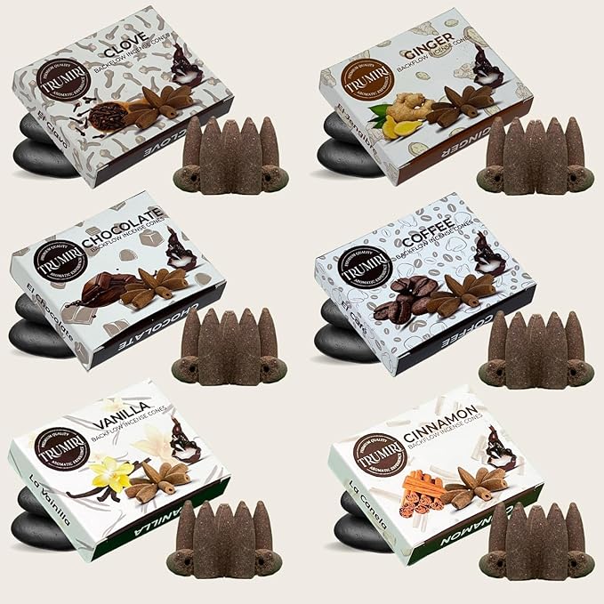 Gourmet - Backflow Incense Cones for Waterfall - Scented Inscents-Cones - Cinnamon, Vanilla, Coffee, Chocolate, Clove, Ginger - Insiensos Aromaticos - 6x10=60 Large Variety Pack TRUMIRI