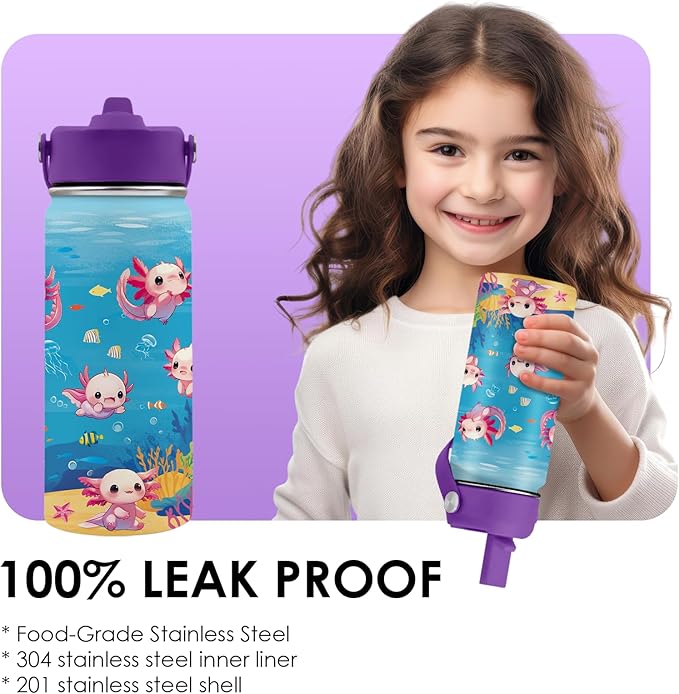 Axolotl Gifts for Girls 16 oz Kids Water Bottle with Straw Lid, Stainless Steel Insulated Tumbler, Leak Proof, BPA-Free,Adorable Ocean Animal Mug Cup for Sports,Travel Children Birthday Gifts (1pc) - Bloomnest
