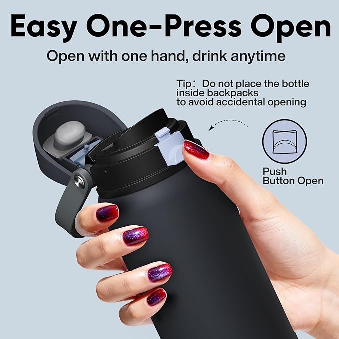 ENCOOL Insulated Water Bottle with Straw Stainless Steel Water Bottle with Push Button Lid, Leak-Proof & BPA-Free, Keeps Cold for 24 Hours for Sports, Travel, Gym (32 oz, Tuna Grey-Silver) ENCOOL