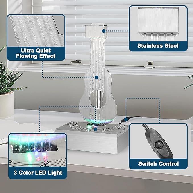 Indoor Tabletop Fountain with 3-Color LED Lights, 304 Stainless Steel Guitar-Shaped Desktop Meditation Waterfall for Home & Office Décor, Relaxing Water Feature Air-Purifying Gift