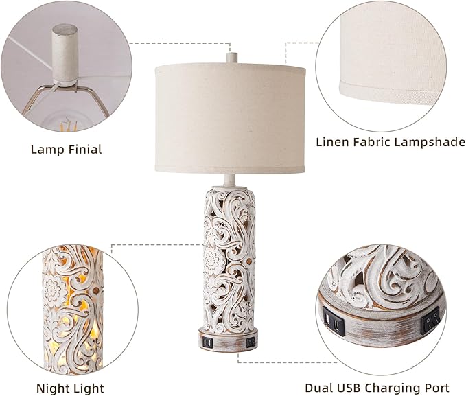 Set of 2 Rustic Farmhouse Table Lamps for Living Room Bedroom, Vintage Bedside Lamp with Dual USB Port, Antique White Resin Retro Nightstand Lamps with Night Light - Bloomnest