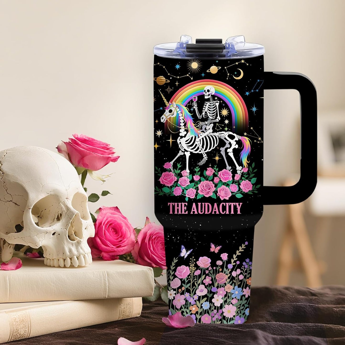 DUUV 40 Oz Funny Skull Tumbler, Funny Witchy Gifts for Women Tarot Lovers, Ghost Design Mug, the Audacity Skull Tumbler for Christmas Gifts for Daughter Girlfriend, Skeleton Cup Black, 1PCS