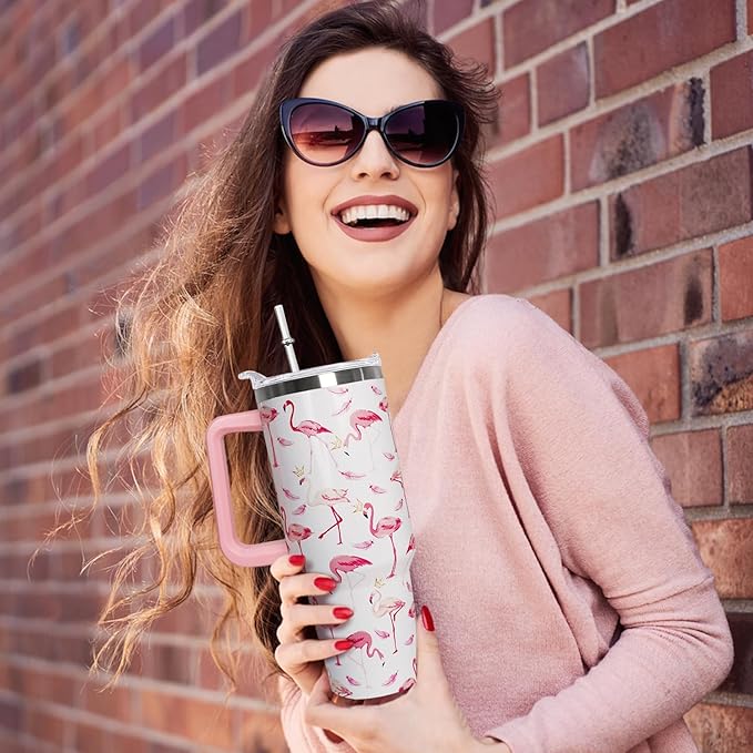 40 oz Pink Flamingo Tumbler with Handle, Lid and Straw - Flamingo Gift for Women - Coffee Mug, Water Bottle - Bloomnest