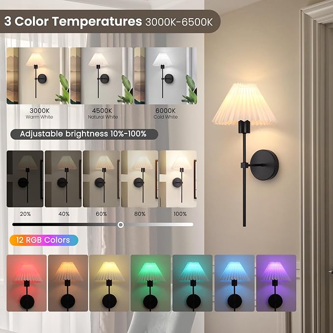 Rechargeable Battery Operated Wall Sconces Sets of 2, 15 Colors Wireless Wall Sconce, Black Wall Lights Fixture with Dimmable Bulbs and Remote, Not Hardwired Wall Mounted Lamps for Bedroom Living Room - Bloomnest