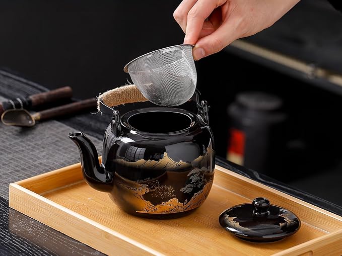 Traditional Japanese tea set, Japanese teapot set, Asian Black glazed tea set with 1 Teapot, 6 Tea cups, 1 Tea strainer, 1 Tea tray (Landscape Black) - Bloomnest