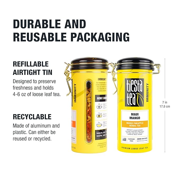 Tiesta Tea Maui Mango, Loose Leaf, Mango Pineapple Herbal Tea, Premium Non-Caffeinated Fruit Blend, Makes Hot or Iced & Brews Up to 50 Cups, 5.5 Ounce Refillable Tin - Bloomnest