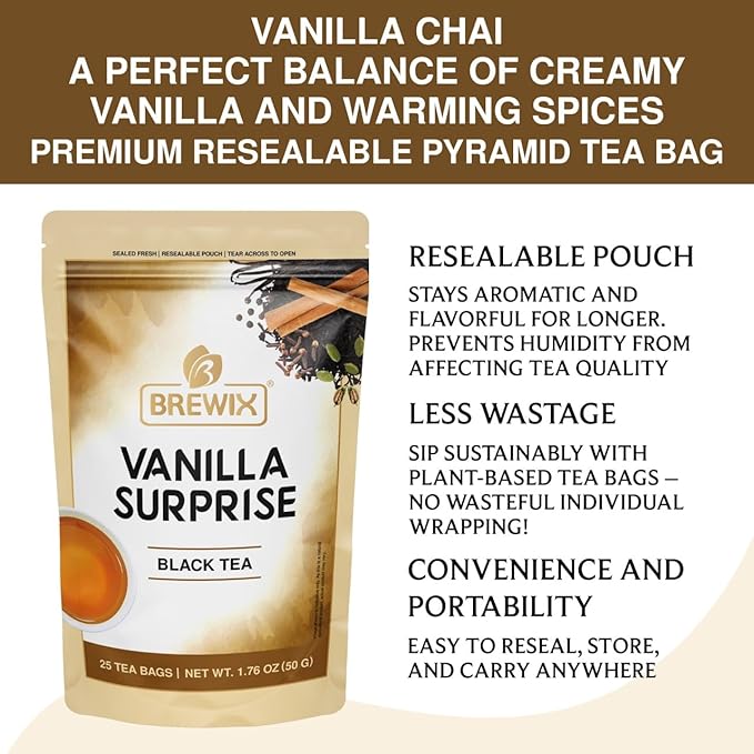 BREWIX, Vanilla Spiced Chai Tea (25 Pyramid Tea Bags) | High Caffeine, Gluten Free | Blend Of Vanilla & Masala Chai Tea | Black Tea with Cinnamon, Black Pepper, Cardamom and Clove | Energy & Focus Tea - Bloomnest