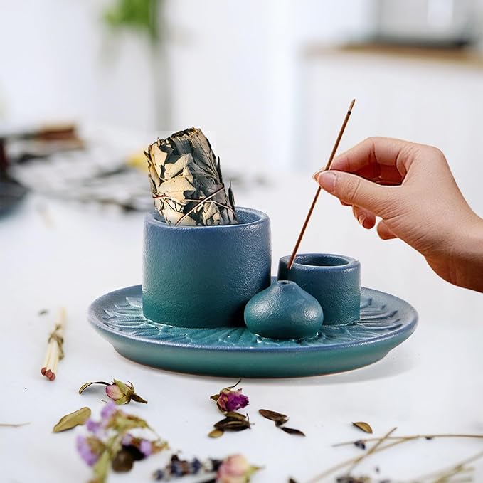 4 in 1 Ceramic Incense Holder, Palo Santo Stick Holder, Sage Holder for Burning, 5.2" Ash Catcher Tray for Meditation, Yoga & Home Decor (Blue)
