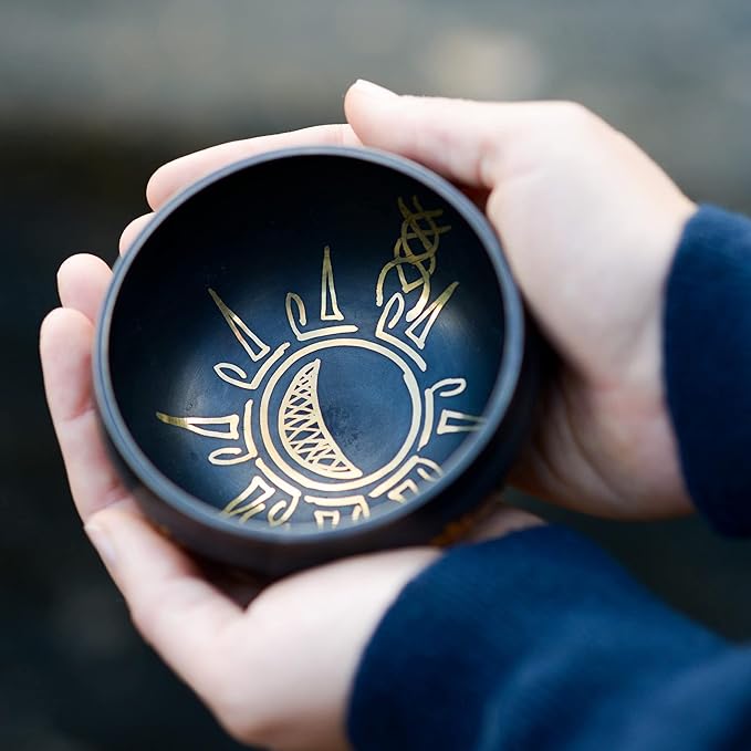 Sun in Moon Singing Bowl Set by Ohm Store — Black Etched Sound Bath Bowl Instrument — Unique, Handmade for Spiritual Healing, Reflection, Boho Décor, and Meditation - Bloomnest