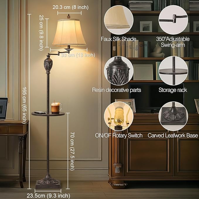 Traditional LED Floor Lamp with 350° Adjustable Swing Arm Lamp – Vintage Standing Pole lamp for Living Room, Bedroom and Office – Rustic Upright Floor Light for Home Décor with Silk Fabric Shade - Bloomnest