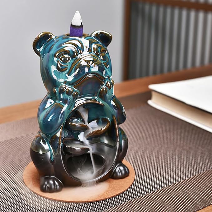 Cute Pug Dog Animal Waterfall Backflow Incense Holder for Sticks,Ceramic Incense Burner with Mat,Tweezers for Home Aromatherapy Ornament Decor AI015 - Bloomnest