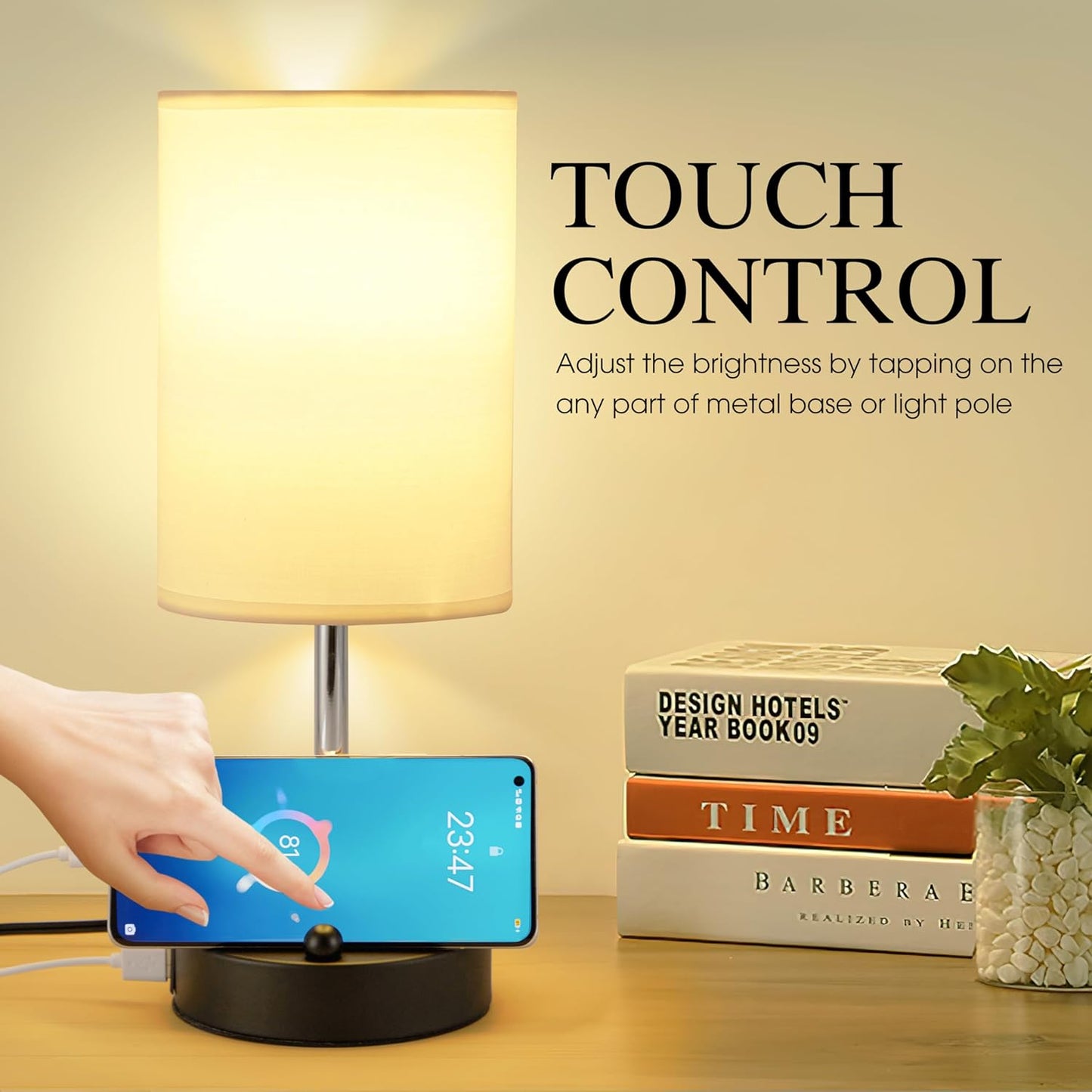 Briever Touch Control Table Lamp for Bedroom, 3-Way Dimmable Nightstand Lamp with USB USB A+C Charging Ports, Bedside Desk Lamp with Phone Stand & Linen Fabric Shade for Livingroom, Bulb Included
