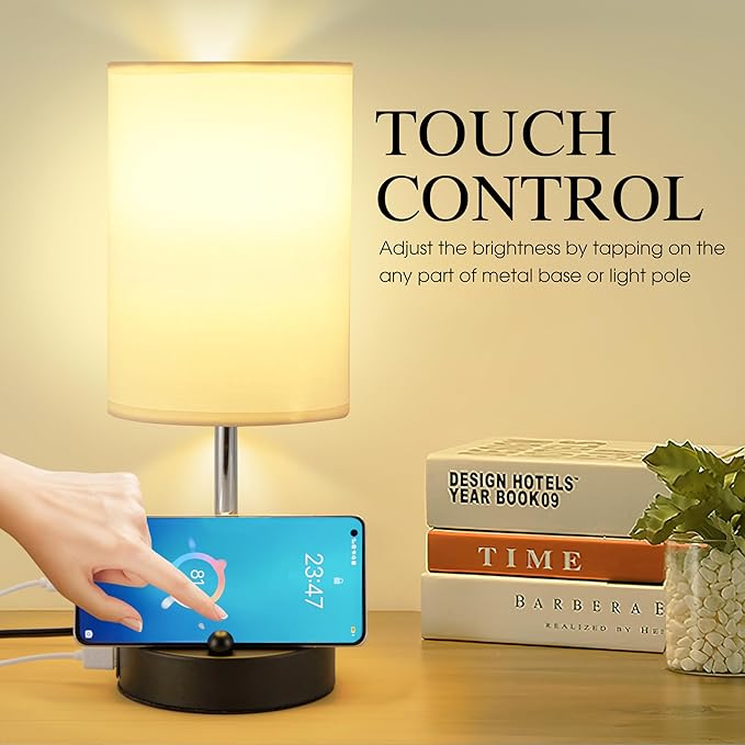 Briever Touch Control Table Lamp for Bedroom, 3-Way Dimmable Nightstand Lamp with USB USB A+C Charging Ports, Bedside Desk Lamp with Phone Stand & Linen Fabric Shade for Livingroom, Bulb Included - Bloomnest