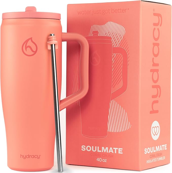 Hydracy 40oz Tumbler with Lid and Straw Stainless Steel Insulated Water Bottle with Handle, Reusable Leakproof Rotatable Lid for Left or Right Hand Use, Cupholder Friendly Rubber Base - Coral Crush - Bloomnest