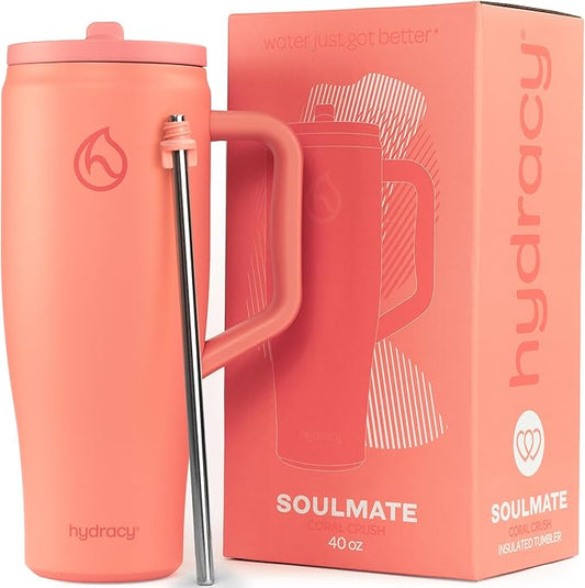 Hydracy 40oz Tumbler with Lid and Straw Stainless Steel Insulated Water Bottle with Handle, Reusable Leakproof Rotatable Lid for Left or Right Hand Use, Cupholder Friendly Rubber Base - Coral Crush - Bloomnest