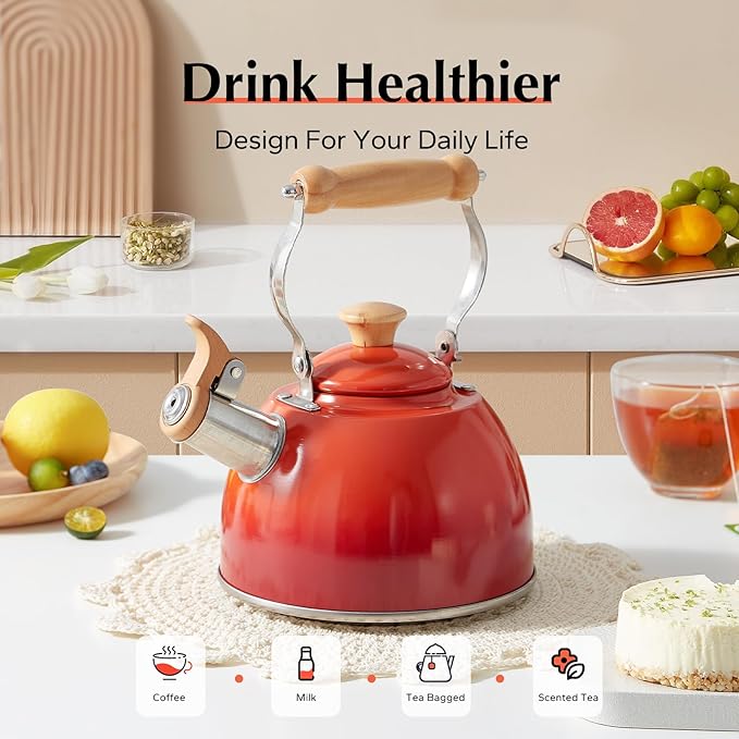ROCKURWOK Tea Kettle, Tea Pot with Cool Touch Ergonomic Handle, Teapot Food Grade Stainless Steel, Tea Kettle Stovetop, Kettle Teapot, Whistling Tea Kettle, Small Tea Pot, 1.6 Quart (Red) - Bloomnest