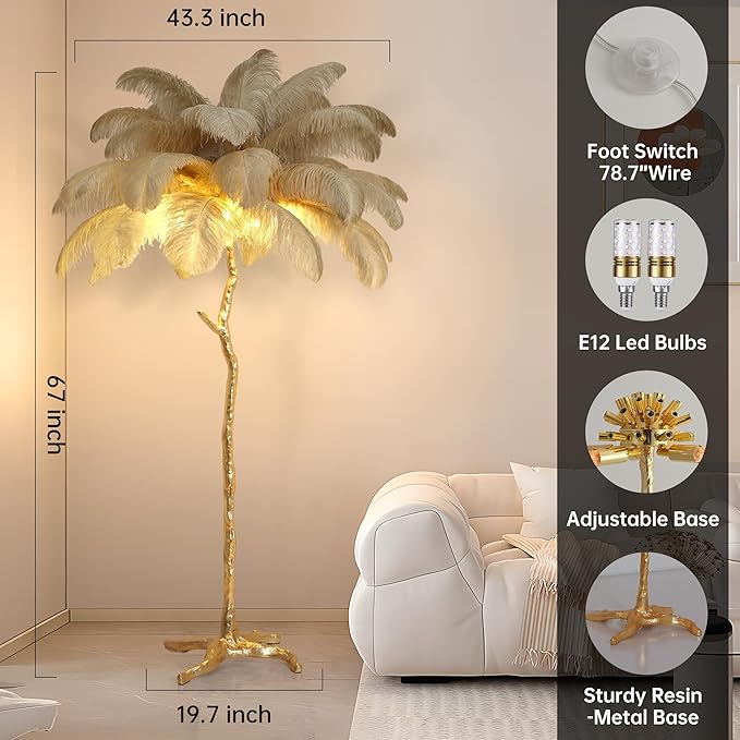 MAYOLA Luxury Resin Ostrich Feather Lamp, 35 Pieces Real Ostrich Feathers,Floor Lamp for Living Room, Bedroom and Office 67” Tall Feather Lamp(Ostrich Color, Floor Lamp) - Bloomnest
