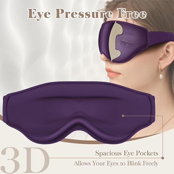3D Cooling Eye Mask Sleep Mask for Men & Women, 100% Pressure-Free & Light Block-Out Eye Mask for Sleep with Easy Adjustable Strap, Night Eye Cover for Travel, Purple - Bloomnest