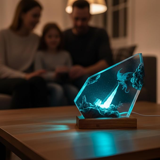 Handmade 3D Ocean Resin Lamp, Epoxy Ocean Night Light with Wooden Base, LED Color Changing Table Lamp, USB Powered Dragons Decor, Unique Ocean Gift for Bedroom & Home Office (Ice Dragon) - Bloomnest