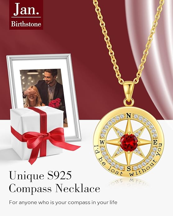 S925 Necklace Gift for Wife |Compass Jewelry |Women Anniversary |Sterling Silver |Girlfriend Birthday Gifts for Her Valentines |I'd be Lost without You |Jewel 18K Gold - Bloomnest