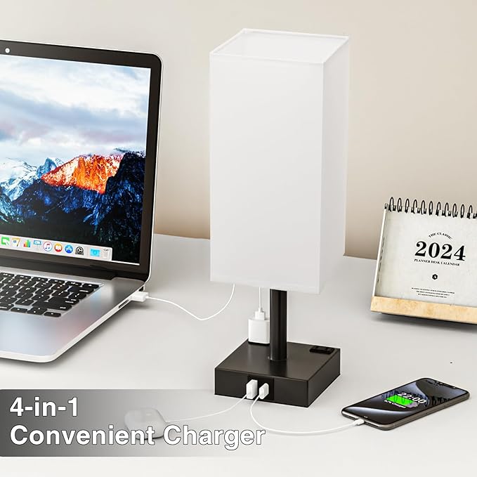 Touch Bedside Table Lamp for Nightstand - 3-Way Dimmable Night Lamp with USB A + Type C Charging Ports and Two AC Outlets, Small Desk Light with E26 LED Bulb for Bedroom Living Room,White Black - Bloomnest