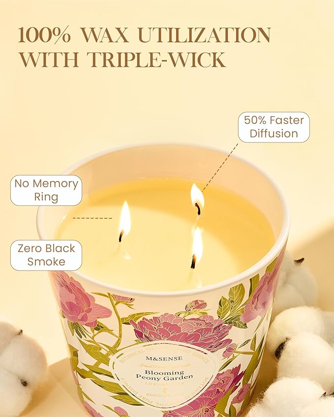 M&SENSE Blooming Peony Scented Candle, 28.2oz 3 Wick Natural Soy Wax Large Candles, Long Lasting Clean Slow Burning No Toxic Décor for Home Relaxation, Romantic Dates & Gift-Giving - Bloomnest